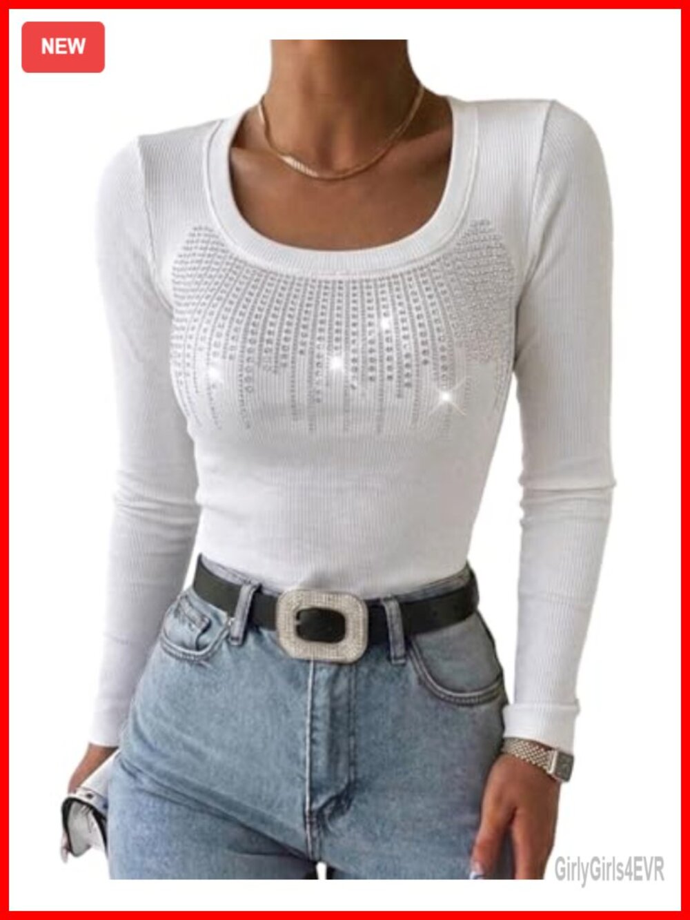 Rhinestone Long Sleeve Top Square Neck Ribbed Knit Slim Fit Women's